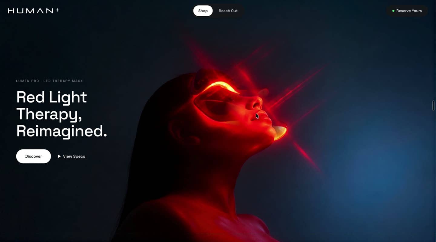 HUMAN+ Lumen Pro: A launch page and store for a red light therapy mask.